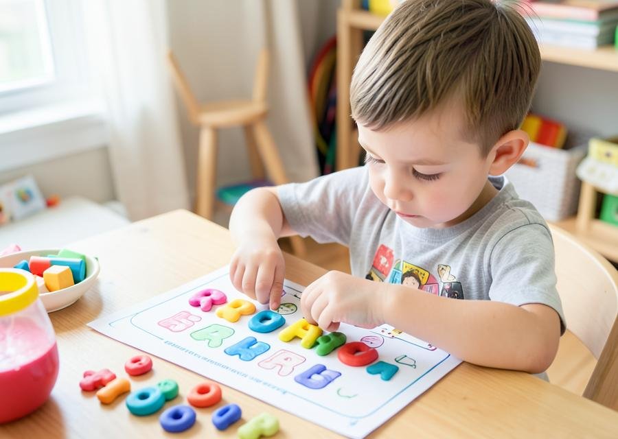 Niño formando letras con plastilina sobre una hoja imprimible