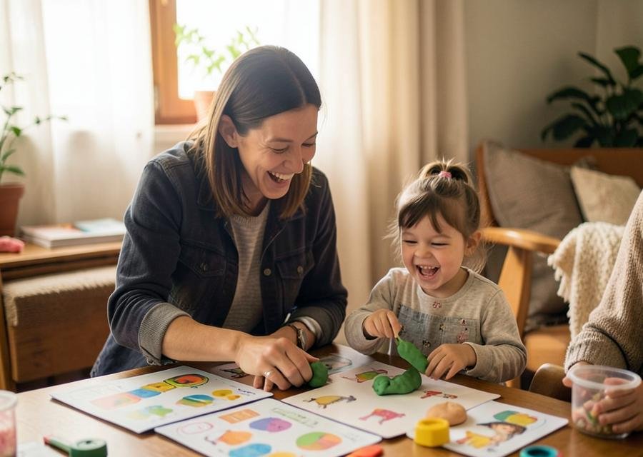 Mamá e hija jugando juntas con plastilina